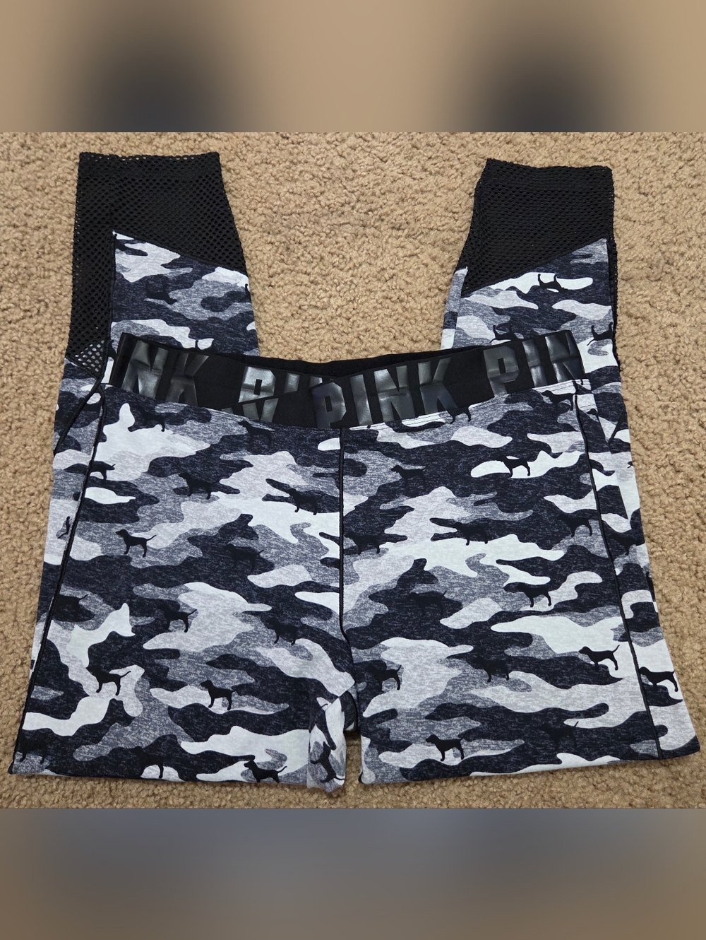 PINK Victoria's Secret Large Camo Dog Logo Mesh Cropped Leggings HTF